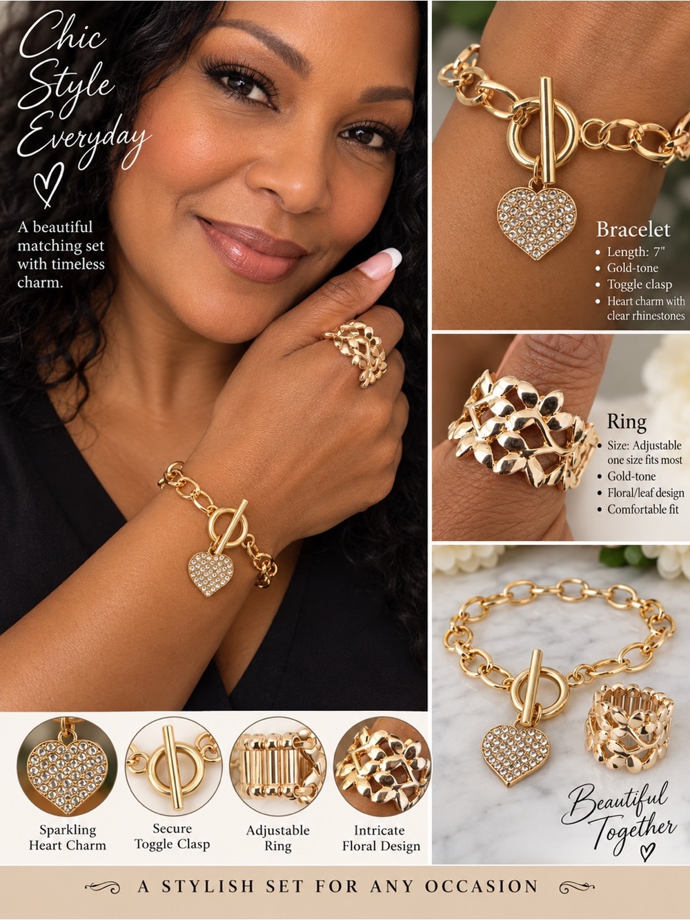 2 piece Chic Gold-Tone Heart Charm Bracelet & Floral Ring Set
